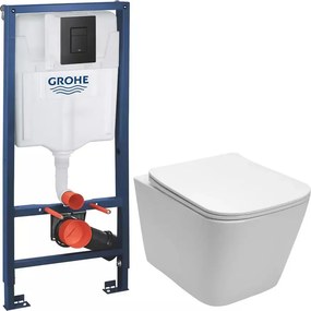 Pachet vas wc suspendat Rea alb, capac softclose, rezervor Grohe Rapid SL si clapeta Grohe Even negru mat