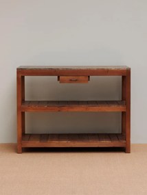 Consolă hol vintage din lemn reciclat, maro, cu blat din zinc, sertar și 2 rafturi, 93 x 122 x 46 cm, „Dara”
