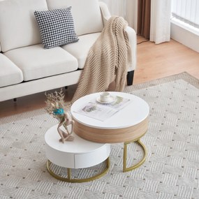 Set de Măsuțe de Cafea Suprapozabile Reglabile pe Înălțime cu Două Sertare, Design Elegant din MDF, 70x70x42/56,5 + 60x60x24 cm, Alb