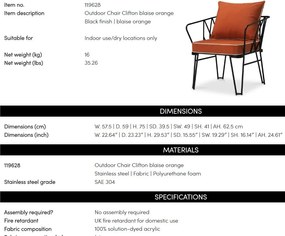 Scaun design LUX pentru exterior, Tesatura, Metal, Clifton blaise orange