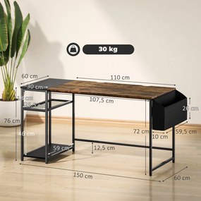 HOMCOM Birou de calculator 150 x 60 cm cu rafturi reversibile și sac din material textil, pentru spații mici, marron | Aosom Romania