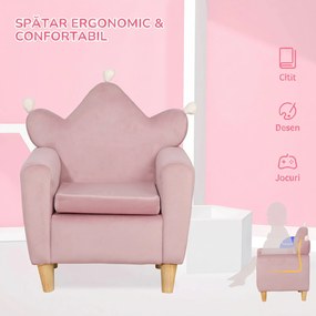 HOMCOM Fotoliu pentru Copii din Material Textil cu Efect de Catifea Roz, cu Spătar în Formă de Coroană, 50.2x41.9x57.8 cm | Aosom Romania