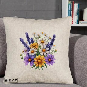 Perna Decorativa Lavanda Musetel si Flori Mov, 40x40 cm, Bej Canapea, Husa Detasabila, Perna Inclusa, BEKZ®