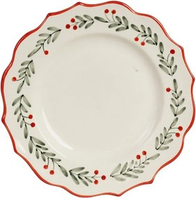 Farfurie din ceramică albă cu motiv de Crăciun pictat manual, margini ondulate, 21,5 cm, „Esther Lingonberry"