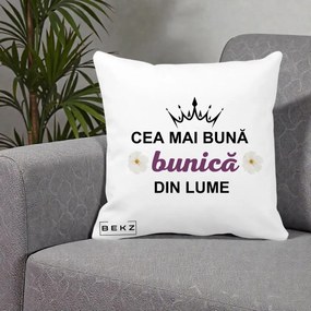 Cadou pentru Bunica - Perna Personalizata Cea Mai Buna Bunica Din Lume Coroana Mov Flori, 40x40 cm, Alba Mata, Husa Detasabila, Perna Inclusa, BEKZ®