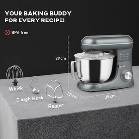 HOMCOM Robot de patiserie 1300 W, robot pentru frământat profesional 4,5 L, bol din oțel inoxidabil, 6+P viteze și funcție pulse, argintiu | Aosom Romania