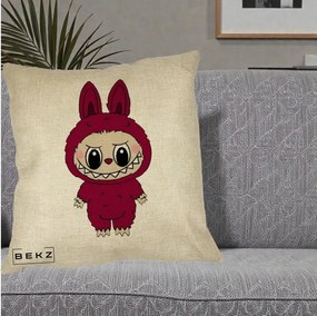 Perna Personalizata Labubu Rosu-Visiniu Solo, 40x40 cm, Crem, Husa Detasabila, Perna Inclusa, BEKZ®