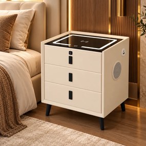 Noptieră inteligentă multifuncțională, 3 sertare, blocare cu amprentă, LED-uri tactile, 3 tipuri de culoare, încărcare fără fir, Difuzor Bluetooth, incarcare USB, sticla securizata, Ivory