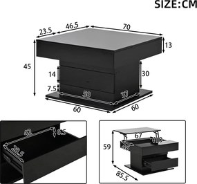 Masă de cafea rotativă 360° cu funcție de ridicare, spațiu de depozitare ascuns și 1 sertar, 70x70x45 cm, Negru
