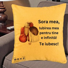 Cadou pentru Sora - Perna Personalizata Sora Mea Te Iubesc Doua Fete Iarna Acuarela, 40x40 cm, Galben, Husa Detasabila, Perna Inclusa, BEKZ®