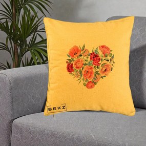 Perna Decorativa Inima din Bujori Acuarela, 40x40 cm, Galben, Husa Detasabila, Perna Inclusa, BEKZ®