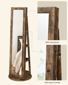 Dulap bijuterii cu oglinda, MDF melaminat / catifea, maro rustic, Songmics