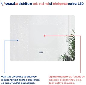 Oglindă LED Dreptunghiulară (90x65 cm), 3 Moduri Iluminare (Lumină Rece, Naturală, Caldă), Intensitate Reglabilă, Funcție Dezaburire, Ceas (Timer) și Termometru, Control Tactil (Touch)