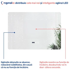 Oglindă LED Dreptunghiulară (90x65 cm), 3 Moduri Iluminare (Lumină Rece, Naturală, Caldă), Intensitate Reglabilă, Funcție Dezaburire, Ceas (Timer) și Termometru, Control Tactil (Touch)