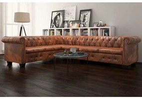 vidaXL Canapea colțar Chesterfield, 6 locuri, piele artificială, maro