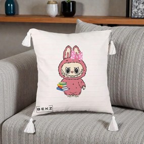 Perna Personalizata Labubu Roz cu Funda si Carti, 40x40 cm, Bej cu Franjuri, Husa Detasabila, Perna Inclusa, BEKZ®