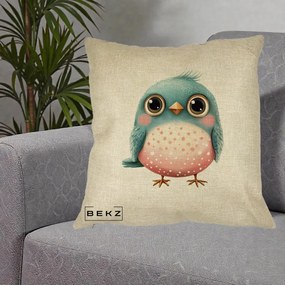 Perna Decorativa Pasare Teal-Roz cu Pete, 40x40 cm, Crem, Husa Detasabila, Perna Inclusa, BEKZ®