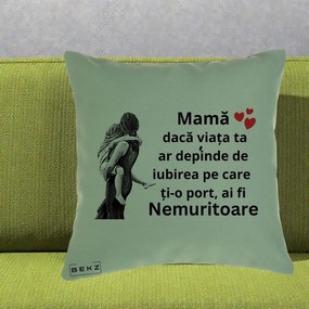 Cadou pentru Mama - Perna Personalizata Mama Nemuritoare Gravura Vintage, 40x40 cm, Verde, Husa Detasabila, Perna Inclusa, BEKZ®