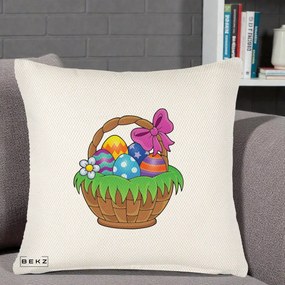 Perna Decorativa Cos cu Oua de Pasti Colorat, 40x40 cm, Crem Reliefat, Husa Detasabila, Perna Inclusa, BEKZ®