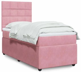 vidaXL Pat box spring cu saltea, roz, 90x190 cm, catifea
