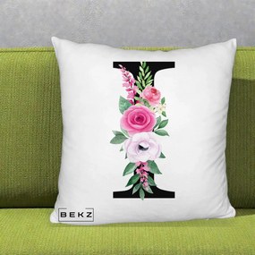 Cadou Personalizat - Perna Personalizata Monograma Florala Litera I, 40x40 cm, Alb Pufos, Husa Detasabila, Perna Inclusa, BEKZ®