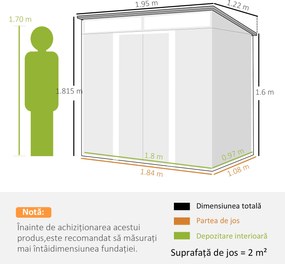 Outsunny Magazie 6,5 x 4 FT din metal galvanizat cu fundatie pentru gradina, Depozit cu incuietoare pentru unelte, Gri