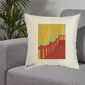 Perna Decorativa Scari Toamna Peisaj Grafic, 40x40 cm, Ecru, Husa Detasabila, Perna Inclusa, BEKZ®