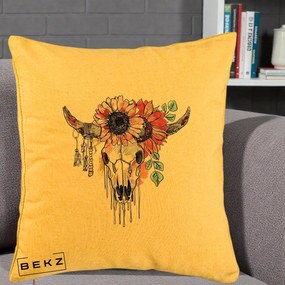 Perna Decorativa Craniu Boho Floral, 40x40 cm, Galben, Husa Detasabila, Perna Inclusa, BEKZ®