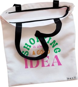 Sacosa de Panza pentru Cumparaturi, Geanta Tote, model Shopping is always a good idea, Cu fermoar, 38x34.5 cm, Alba, BEKZ®
