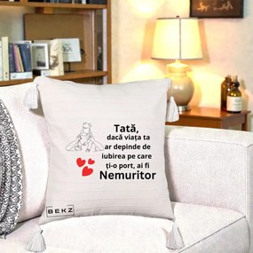 Cadou pentru Tata - Perna Personalizata Tata Nemuritor Mesaj, 40x40 cm, Bej cu Franjuri, Husa Detasabila, Perna Inclusa, BEKZ®