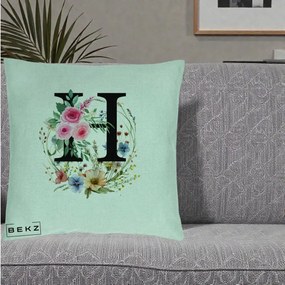 Cadou Personalizat - Perna Personalizata Monogram Litera H cu Flori Acuarela, 40x40 cm, Verde Menta, Husa Detasabila, Perna Inclusa, BEKZ®