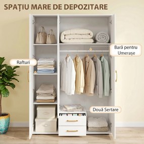 HOMCOM Dulap cu Oglindă și Bară de Haine, Alb | Aosom Romania