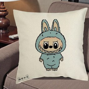 Perna Personalizata Labubu Albastru-Gri Solo, 40x40 cm, Ecru, Husa Detasabila, Perna Inclusa, BEKZ®