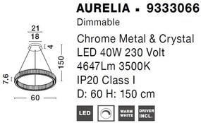 Lustra LED suspendata , dimabila, cristal design elegant AURELIA crom 60cm