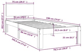 Cadru de pat mic Single 2FT6, gri, 75x190 cm, lemn masiv Gri, 75 x 190 cm