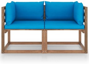 Canapea din paleti de gradina, 2 locuri, perne bleu, lemn pin