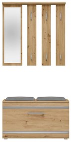 CUI501 - Cuier 85 cm, 6 agatatori haine, hol, lada pantofi, pantofar cu oglinda - Alb / Culoarea Stejar / Sonoma