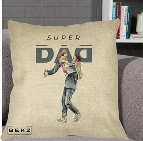 Cadou pentru Tata - Perna Personalizata Super DAD Tata si Fiica, 40x40 cm, Crem, Husa Detasabila, Perna Inclusa, BEKZ®