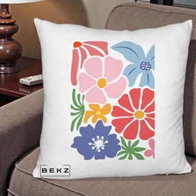 Perna Decorativa Flori Grafice Roz-Rosu-Albastru, 40x40 cm, Alb Pufos, Husa Detasabila, Perna Inclusa, BEKZ®