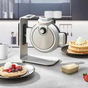 Aparat vertical pentru vafe Caso Design WaffleUp, 800 W, 18 cm, 5 trepte, Strat dublu antiaderent, Semnal sonor si luminos, Recipient compozitie , Argintiu
