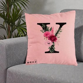 Cadou Personalizat - Perna Personalizata Monograma Florala Litera Y cu Buchet, 40x40 cm, Roz, Husa Detasabila, Perna Inclusa, BEKZ®