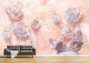 Tapet Premium Canvas - Abstract flori albe si lebede