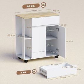 HOMCOM Cărucior Bucătărie, Insulă Bucătărie cu Sertar, Dulap, 2 Rafturi Laterale și Rafturi Reglabile, Cărucior Multifuncțional din Lemn, 78x39,5x88,5 cm, Alb și Stejar | Aosom Romania