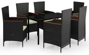 Set mobilier pentru gradina cu perne, 7 piese, negru negru si maro, Lungime masa 140 cm, 7