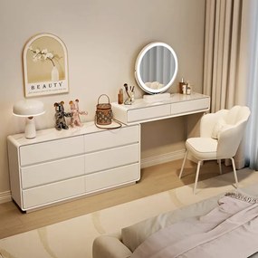 Set AUDREY ELEGANCE – Set Masă de toaletă pentru machiaj cu Oglindă iluminată LED, Control Touch, Comodă, Scaun, Alb