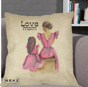 Cadou pentru Mama - Perna Personalizata Love Mom Rochii Roz, 40x40 cm, Crem, Husa Detasabila, Perna Inclusa, BEKZ®