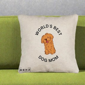 Cadou pentru Iubitorii de Caini - Perna Personalizata World's Best Dog Mom, 40x40 cm, Bej Canapea, Husa Detasabila, Perna Inclusa, BEKZ®
