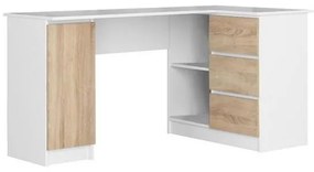 Birou calculator pe colt, placa laminata, 3 sertare, 4 rafturi, alb si stejar, 155x85x77 cm