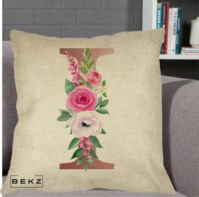 Cadou Personalizat - Perna Personalizata Monograma Rose Gold Litera I, 40x40 cm, Crem, Husa Detasabila, Perna Inclusa, BEKZ®