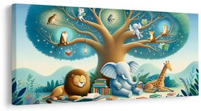 Tablou animăluțe sub copac cu o carte